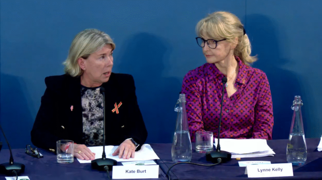 Kate Burt, left, and Lynne Kelly of Haemophilia Wales at Infected Blood Inquiry 7 May 2025